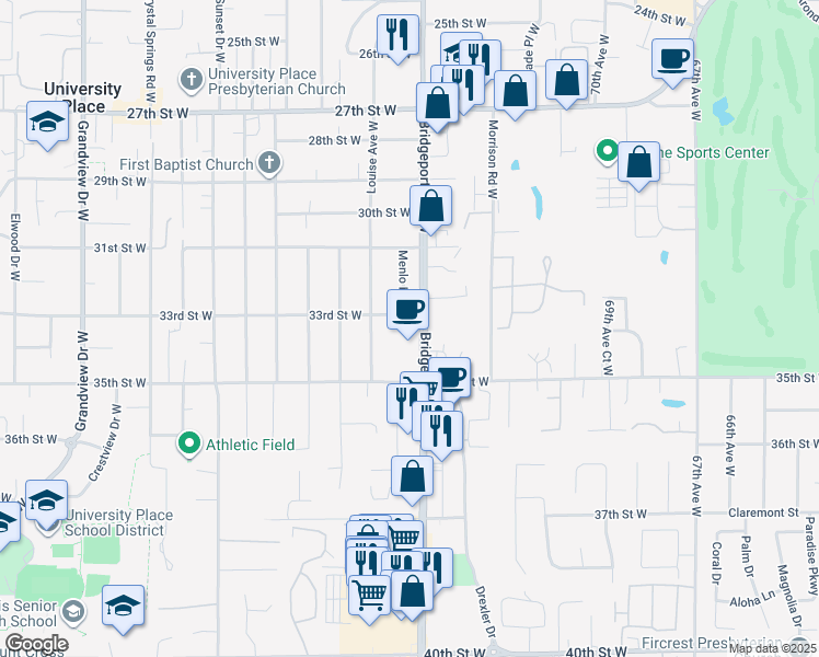 map of restaurants, bars, coffee shops, grocery stores, and more near 3318 Bridgeport Way West in University Place