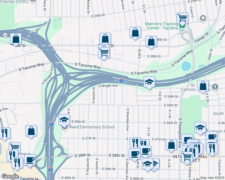 map of restaurants, bars, coffee shops, grocery stores, and more near 3323 South Sawyer Street in Tacoma