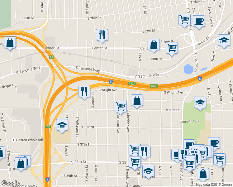 map of restaurants, bars, coffee shops, grocery stores, and more near 3323 South Sawyer Street in Tacoma