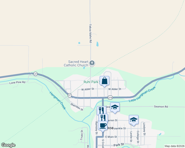 map of restaurants, bars, coffee shops, grocery stores, and more near Washington St in Tekoa