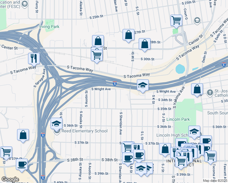 map of restaurants, bars, coffee shops, grocery stores, and more near 3325 South Cushman Avenue in Tacoma