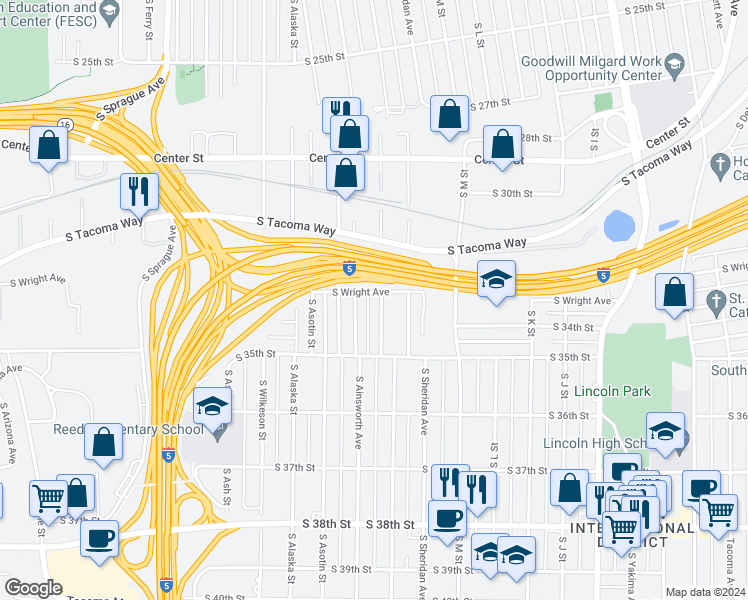 map of restaurants, bars, coffee shops, grocery stores, and more near 3323 South Sawyer Street in Tacoma