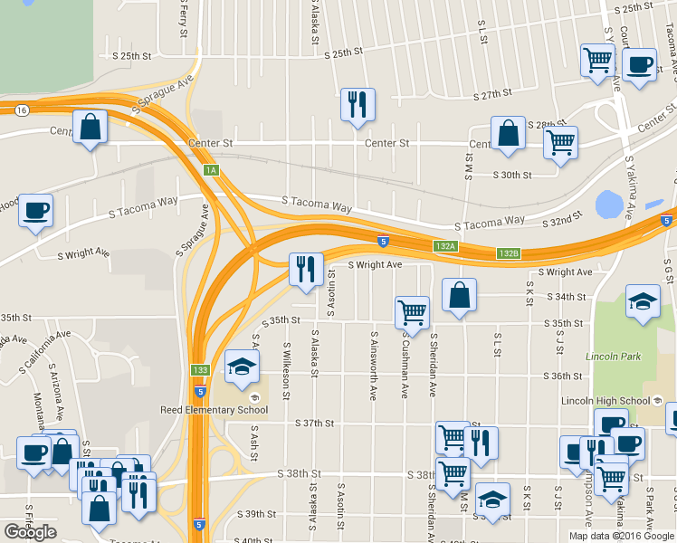 map of restaurants, bars, coffee shops, grocery stores, and more near 3325 South Asotin Street in Tacoma