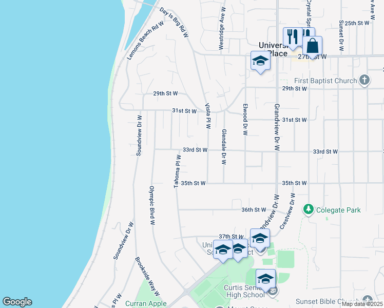 map of restaurants, bars, coffee shops, grocery stores, and more near 9012 34th Street West in University Place