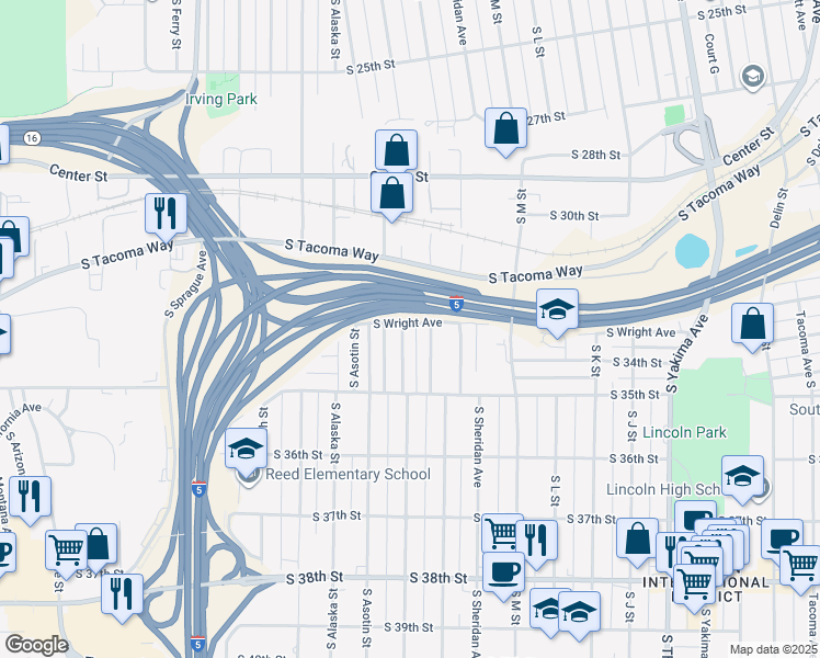 map of restaurants, bars, coffee shops, grocery stores, and more near 1603 South Wright Avenue in Tacoma