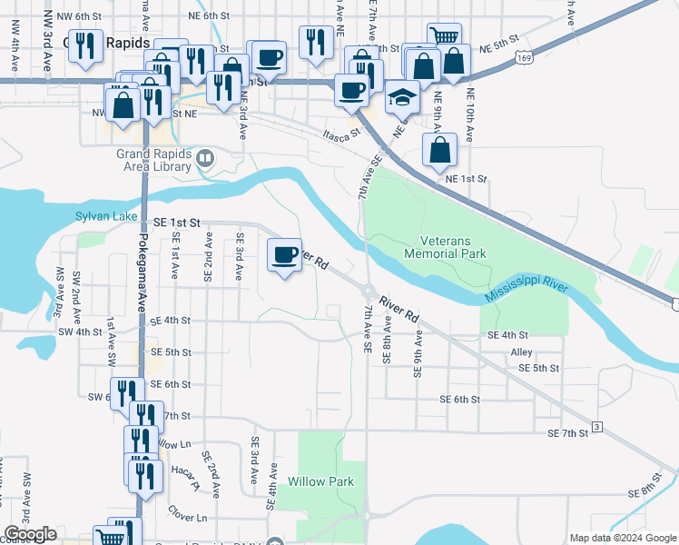 map of restaurants, bars, coffee shops, grocery stores, and more near 501 River Road in Grand Rapids