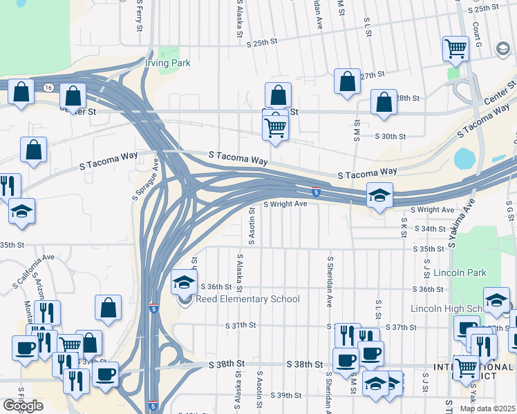 map of restaurants, bars, coffee shops, grocery stores, and more near 3240 South Chandler Street in Tacoma