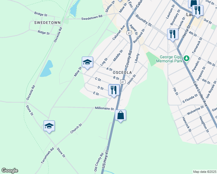 map of restaurants, bars, coffee shops, grocery stores, and more near 2451-2481 C Street in Calumet Township