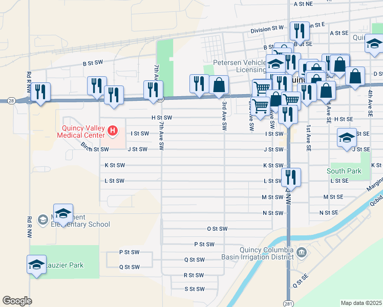 map of restaurants, bars, coffee shops, grocery stores, and more near 513 J Street Southwest in Quincy