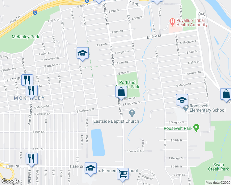 map of restaurants, bars, coffee shops, grocery stores, and more near 1450 East Harrison Street in Tacoma