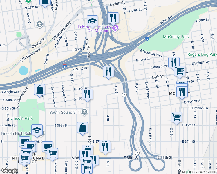 map of restaurants, bars, coffee shops, grocery stores, and more near 115 East 34th Street in Tacoma