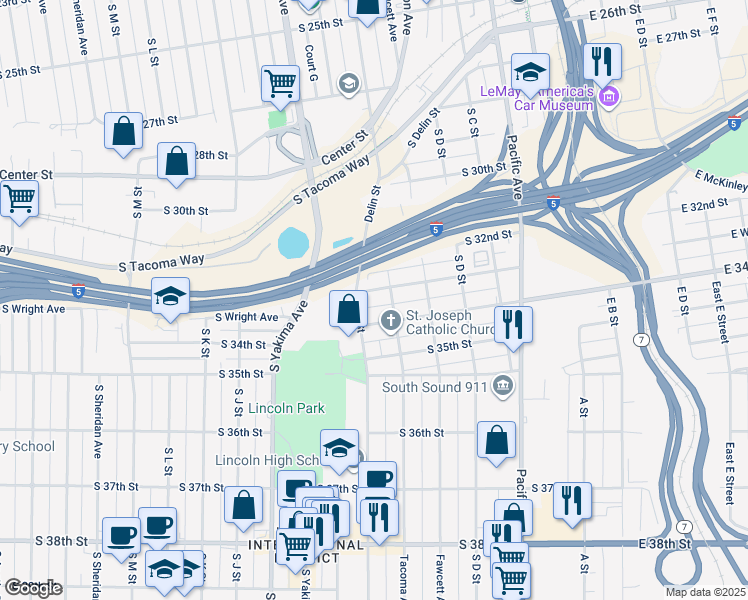 map of restaurants, bars, coffee shops, grocery stores, and more near 698-600 South Wright Avenue in Tacoma