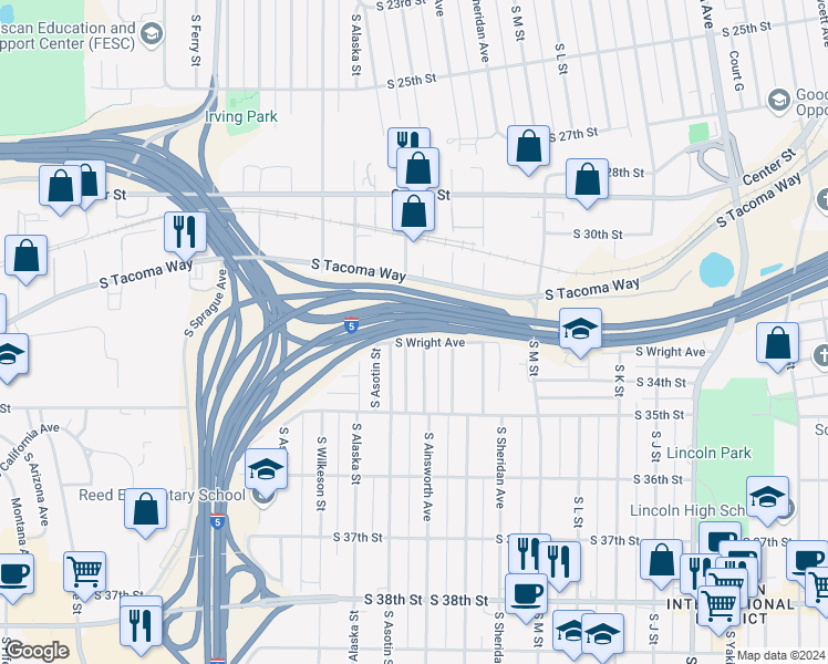 map of restaurants, bars, coffee shops, grocery stores, and more near 1603 South Wright Avenue in Tacoma