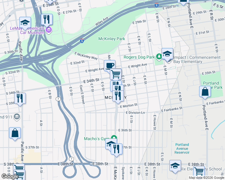 map of restaurants, bars, coffee shops, grocery stores, and more near in Tacoma