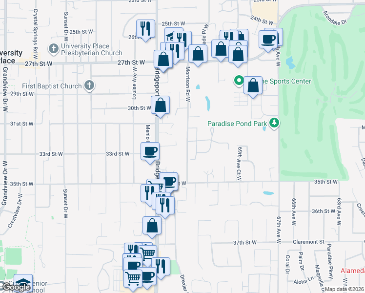 map of restaurants, bars, coffee shops, grocery stores, and more near 3210 Morrison Road West in University Place