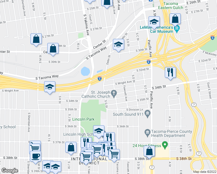 map of restaurants, bars, coffee shops, grocery stores, and more near 698-600 South Wright Avenue in Tacoma