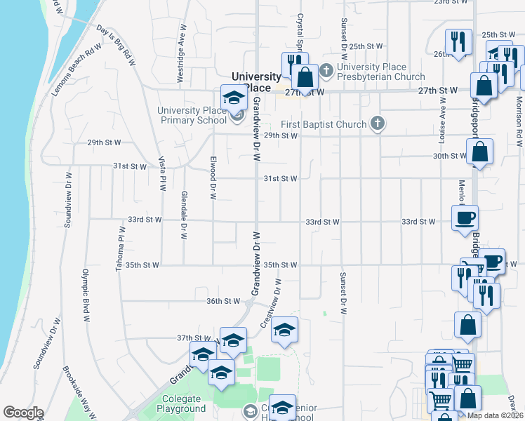 map of restaurants, bars, coffee shops, grocery stores, and more near 3157 Grandview Drive West in University Place