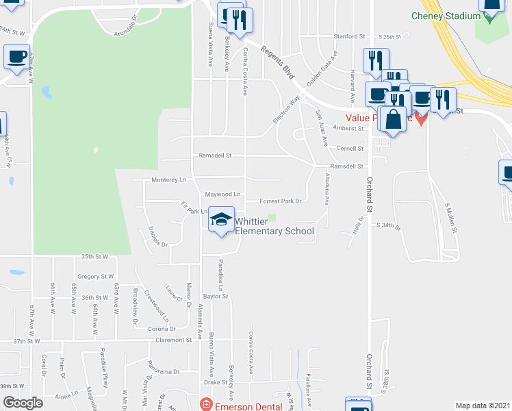 map of restaurants, bars, coffee shops, grocery stores, and more near 542 Forrest Park Drive in Fircrest