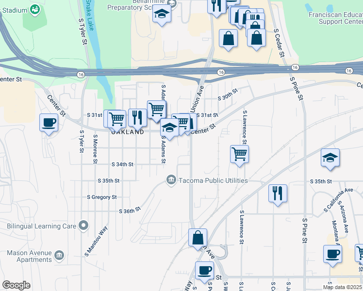 map of restaurants, bars, coffee shops, grocery stores, and more near 3228 South Union Avenue in Tacoma