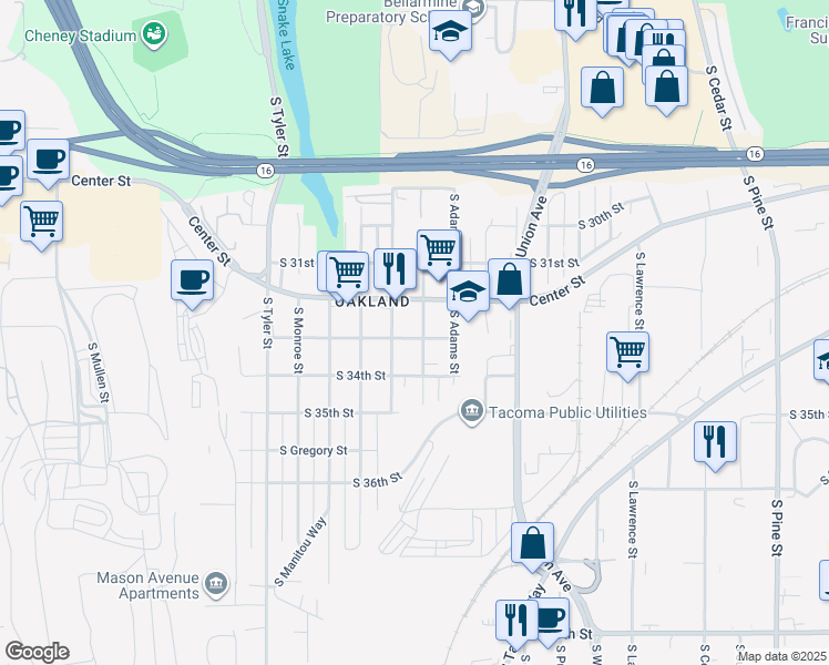 map of restaurants, bars, coffee shops, grocery stores, and more near 3223 South Durango Street in Tacoma