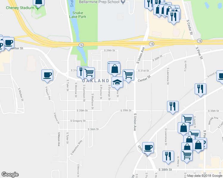 map of restaurants, bars, coffee shops, grocery stores, and more near 3223 South Durango Street in Tacoma