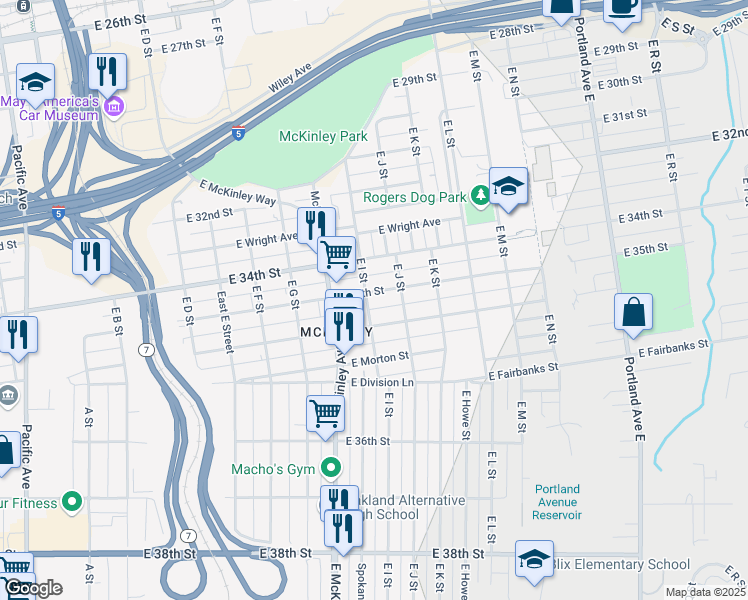 map of restaurants, bars, coffee shops, grocery stores, and more near 904 East 35th Street in Tacoma