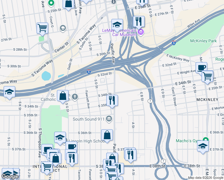 map of restaurants, bars, coffee shops, grocery stores, and more near 201 South 34th Street in Tacoma