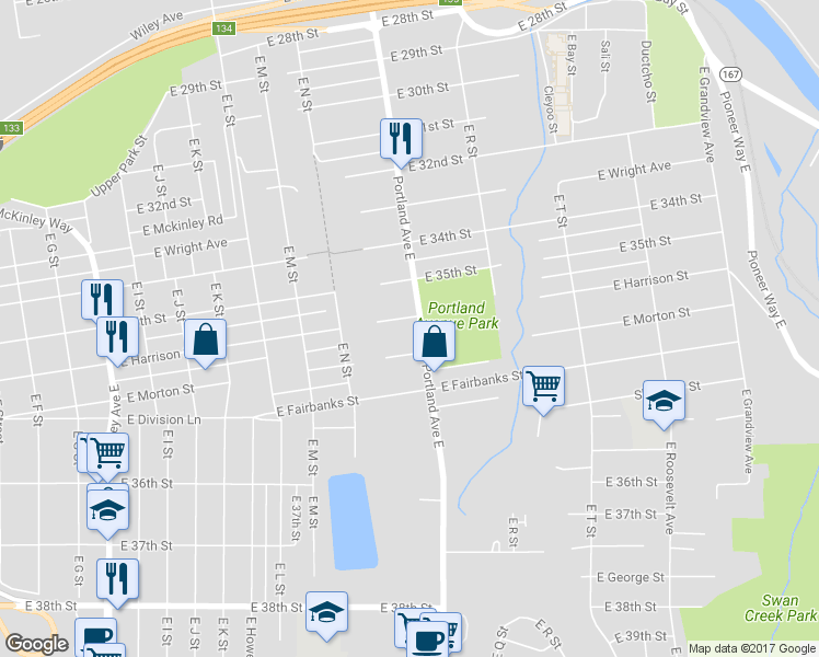 map of restaurants, bars, coffee shops, grocery stores, and more near 1450 East Harrison Street in Tacoma