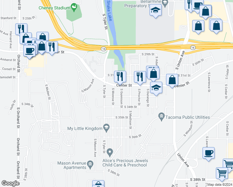 map of restaurants, bars, coffee shops, grocery stores, and more near 3219 South Monroe Street in Tacoma