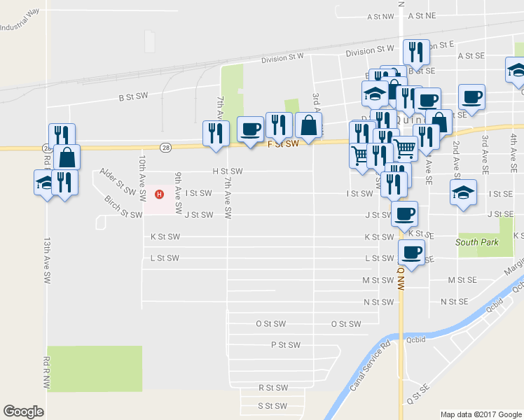 map of restaurants, bars, coffee shops, grocery stores, and more near 513 J Street Southwest in Quincy