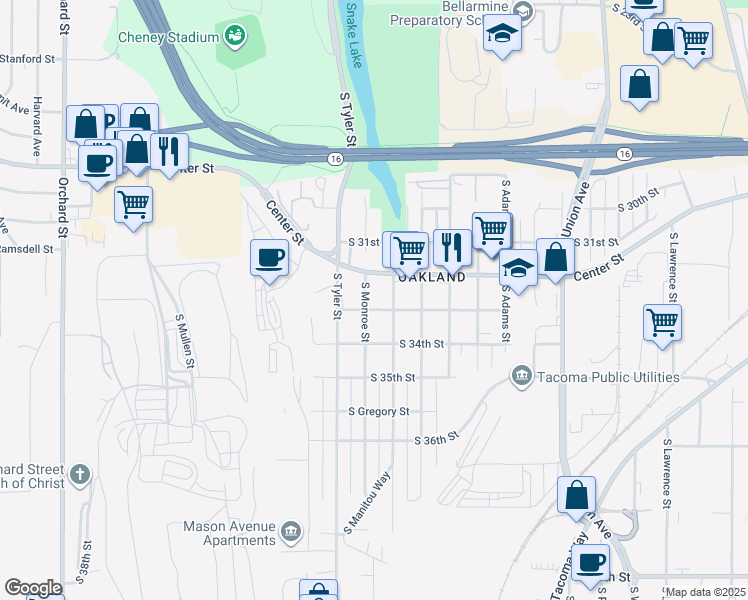 map of restaurants, bars, coffee shops, grocery stores, and more near 3219 South Monroe Street in Tacoma