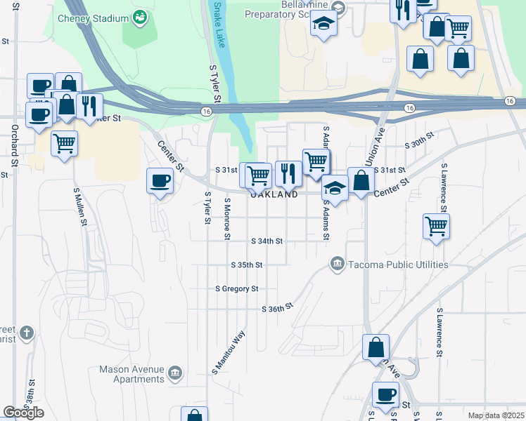 map of restaurants, bars, coffee shops, grocery stores, and more near 3218 South Madison Street in Tacoma