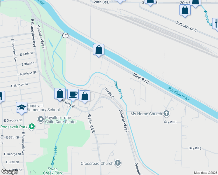 map of restaurants, bars, coffee shops, grocery stores, and more near 3225 28th Street Court East in Tacoma
