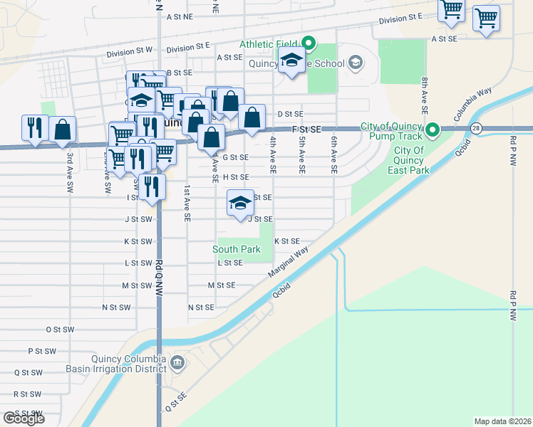 map of restaurants, bars, coffee shops, grocery stores, and more near 321 J Street Southeast in Quincy