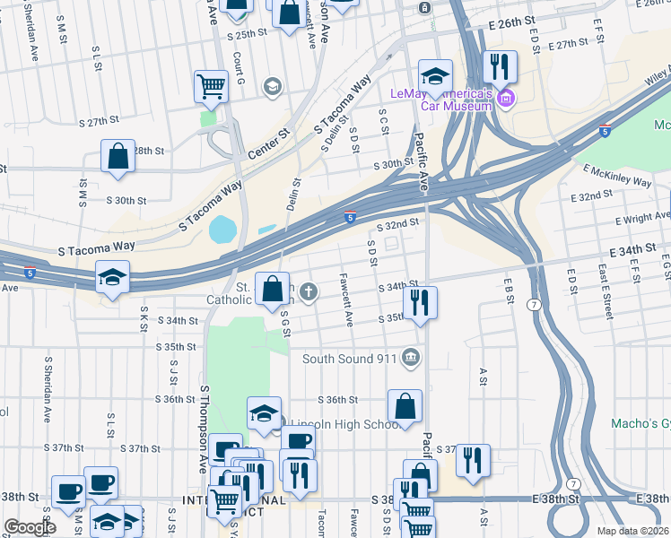 map of restaurants, bars, coffee shops, grocery stores, and more near 514 South Wright Avenue in Tacoma