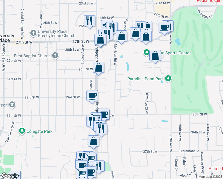 map of restaurants, bars, coffee shops, grocery stores, and more near 3210 Morrison Road West in University Place