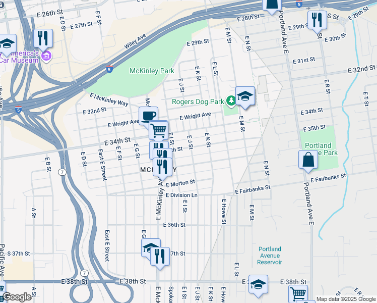 map of restaurants, bars, coffee shops, grocery stores, and more near 922 East 35th Street in Tacoma