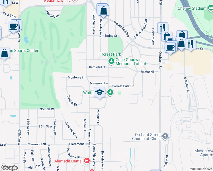 map of restaurants, bars, coffee shops, grocery stores, and more near 542 Forrest Park Drive in Fircrest
