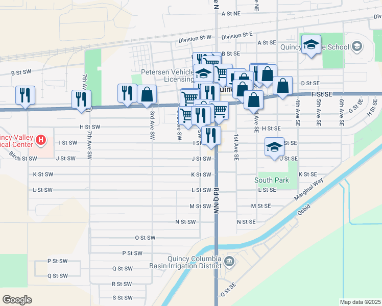 map of restaurants, bars, coffee shops, grocery stores, and more near 121 J Street Southwest in Quincy