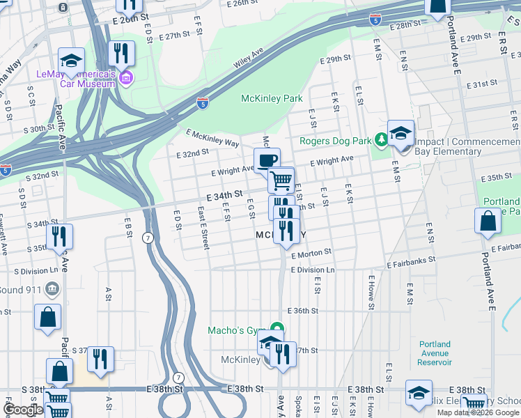 map of restaurants, bars, coffee shops, grocery stores, and more near 709 East 35th Street in Tacoma