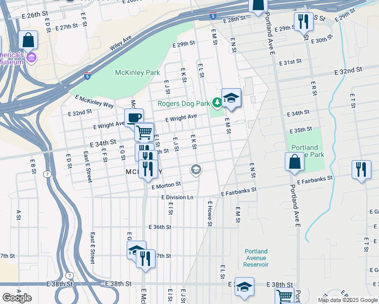 map of restaurants, bars, coffee shops, grocery stores, and more near 1022 East 35th Street in Tacoma