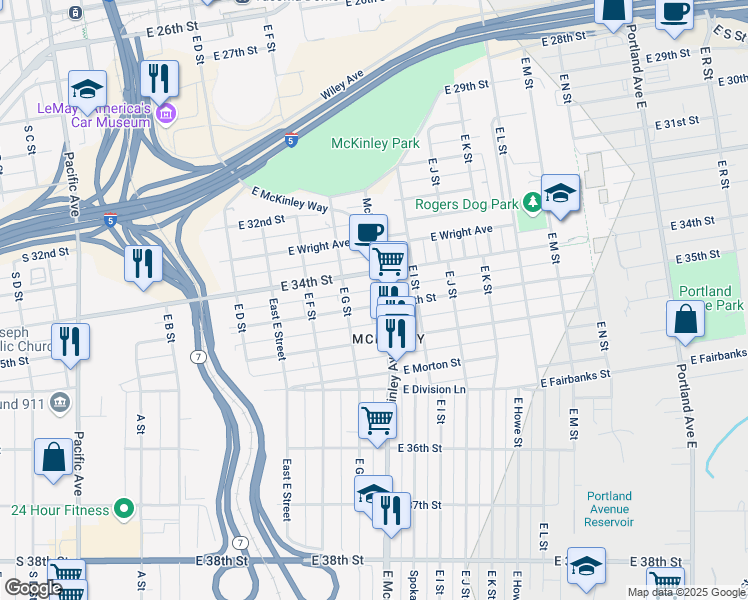 map of restaurants, bars, coffee shops, grocery stores, and more near in Tacoma