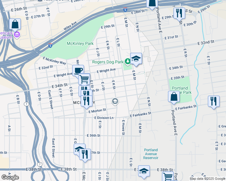 map of restaurants, bars, coffee shops, grocery stores, and more near 1022 East 35th Street in Tacoma