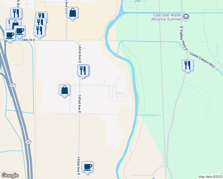 map of restaurants, bars, coffee shops, grocery stores, and more near 2918 146th Avenue East in Sumner