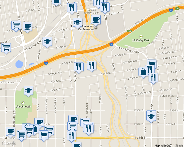 map of restaurants, bars, coffee shops, grocery stores, and more near 115 E 34th St in Tacoma