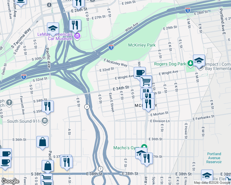 map of restaurants, bars, coffee shops, grocery stores, and more near 3409 East E Street in Tacoma