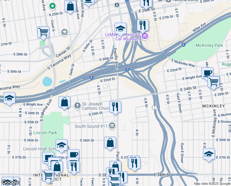 map of restaurants, bars, coffee shops, grocery stores, and more near 201 South 34th Street in Tacoma