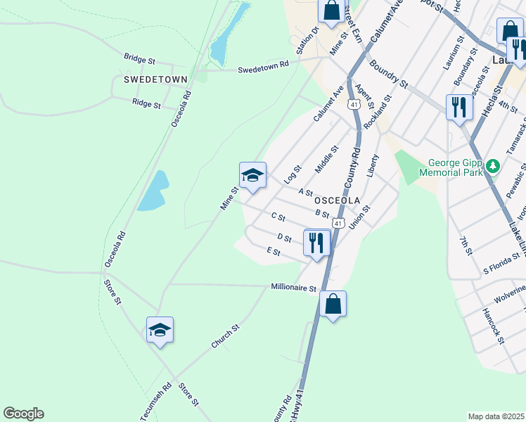 map of restaurants, bars, coffee shops, grocery stores, and more near 2451 C Street in Calumet