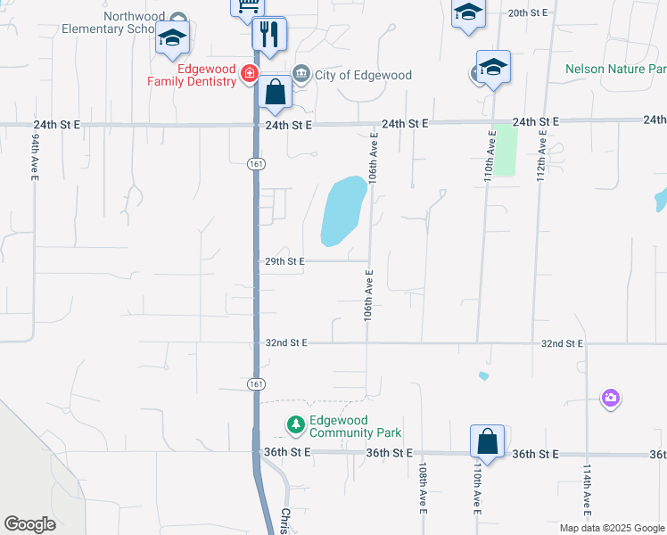 map of restaurants, bars, coffee shops, grocery stores, and more near 10414 29th Street East in Edgewood