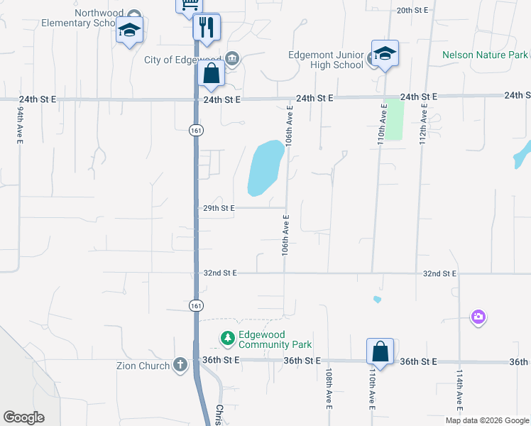 map of restaurants, bars, coffee shops, grocery stores, and more near 10414 29th Street East in Edgewood